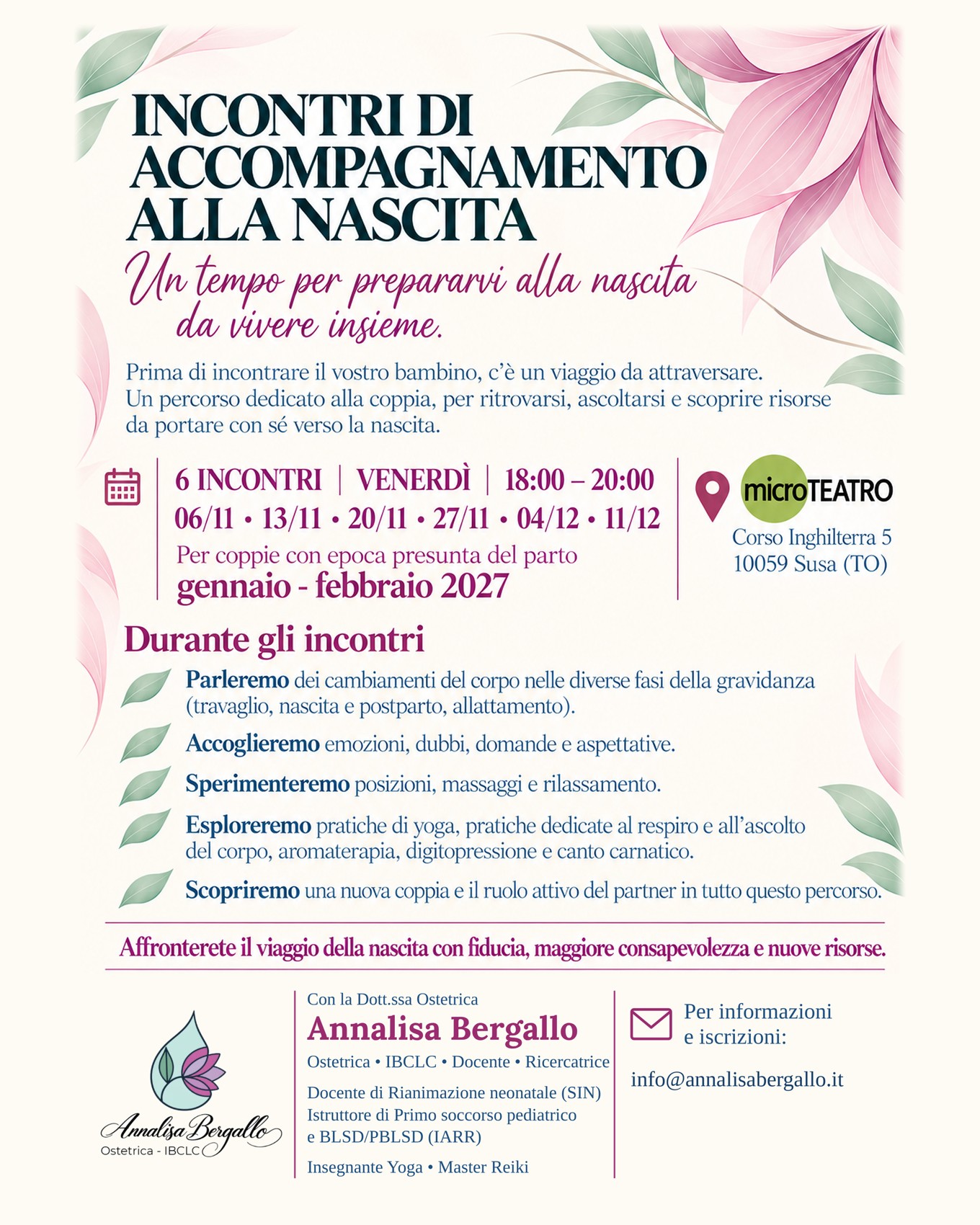 Incontri di accompagnamento alla nascita a Susa: sei venerdì dal 6 novembre all’11 dicembre 2026, ore 18–20